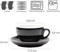 WAS Milchkaffee Tassen Set mit Untertassen 350 ml, schwarz, Porzellan, 6 Stück, Italia Black Serie