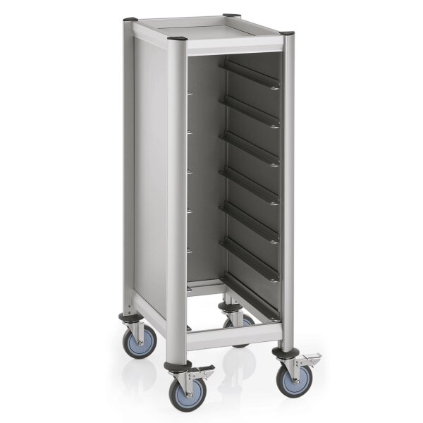 WAS GN Tablettwagen für 7 Tabletts, GN 1/1, 60,5 x 44,5 x 125 cm, silberfarben, Aluminium/MDF, Trolley Mensa Serie