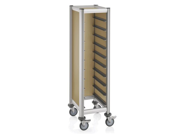 WAS GN Tablettwagen für 10 Tabletts, GN 1/1, 60,5 x 44,5 x 165 cm, MDF Holzoptik, Aluminium, Trolley Mensa Serie