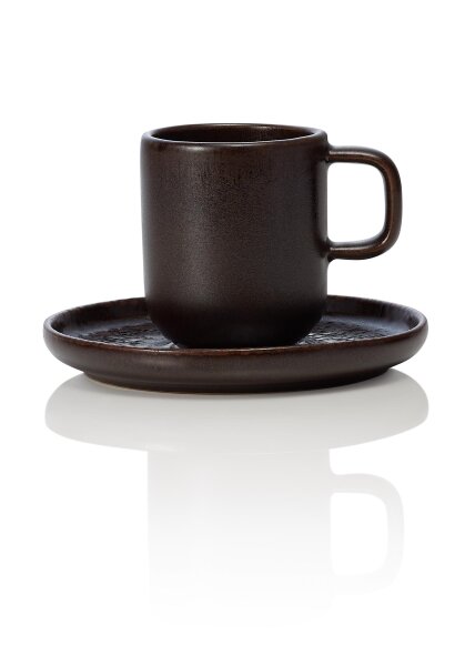 ROCKZZERO Espresso Tasse mit Untertasse Set 90 ml, schwarz, Steinzeug, 6 Stück, One Metallic Brown Serie