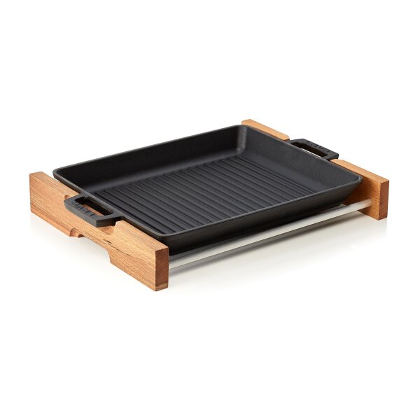 LAVA Grill-/Servierpfanne Lava mit Holzgestell, 32 x 26 x 4 cm, schwarz, Gusseisen emailliert, Serving pans 36 Serie