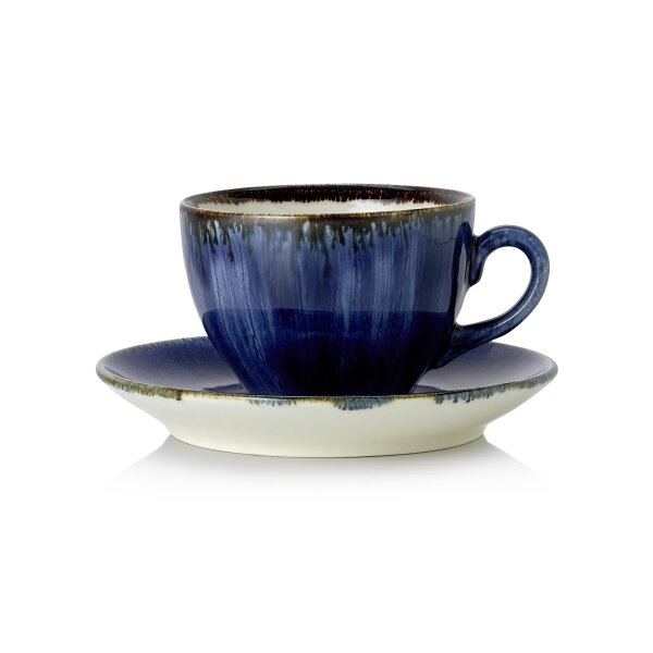 WAS Cappuccino Tasse mit Untertasse Set 220 ml, blau, Porzellan, 6 Stück, Vida Dark Ocean Serie