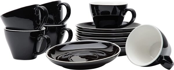 WAS Espresso Doppio Tassen Set mit Untertassen 180 ml, schwarz, Porzellan, 6 Stück, Italia Black Serie