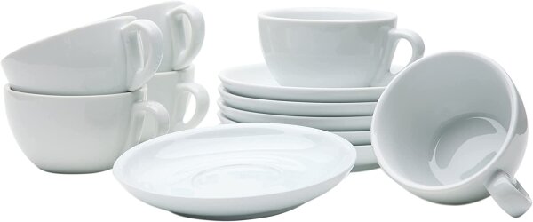 WAS Cappuccino Tassen Set mit Untertassen 200 ml, weiß, Porzellan, 6 Stück, Italia Serie