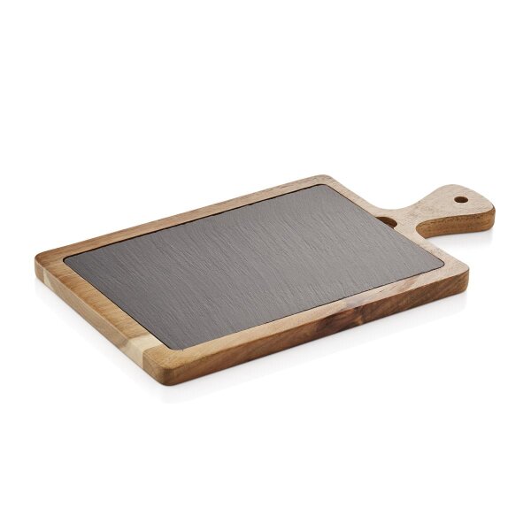 WAS Servierbrett 33,8 x 17,8 x 2 cm, schwarz, Akazienholz/Naturschiefer, Natural Slate Serving Board Serie